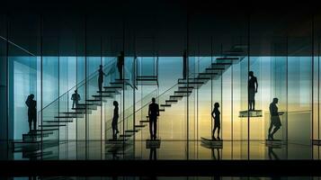 Shadowy figures walking on transparent stairs. silhouette concept photo