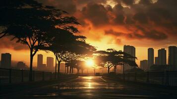 A captivating image of a calm cityscape at sunrise with illuminated clouds and trees taken in Fortaleza Brazil. silhouette concept photo