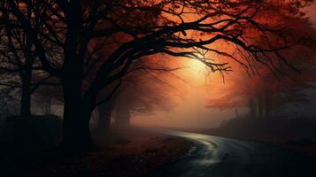 Foggy road surrounded by autumn trees. silhouette concept photo