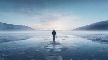 Man looking at an icy lake from a sandy beach on a cold spring day Walking touristic theme with a rear view and natural background. silhouette concept photo