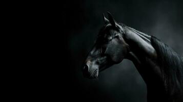 negro caballo retrato en bajo llave estudio hacia la izquierda ver motivo desplazada. silueta concepto foto