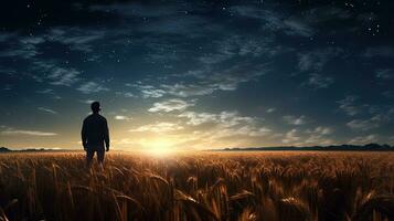 Man gazing up at stars during the night surrounded by wheat field under the milky way. silhouette concept photo