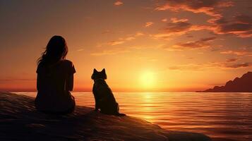 un niña y su perro disfrutar el playa puesta de sol en el bahía. silueta concepto foto