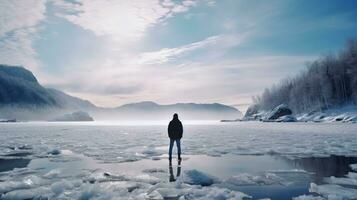 Man looking at an icy lake from a sandy beach on a cold spring day Walking touristic theme with a rear view and natural background. silhouette concept photo