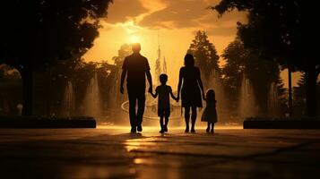 Family walking towards water feature. silhouette concept photo
