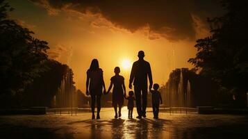 familia caminando hacia agua característica. silueta concepto foto