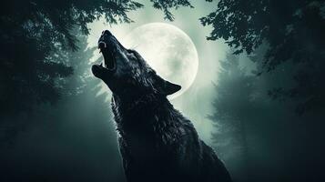 Wolf howling at full moon in eerie fog Halloween horror theme. silhouette concept photo