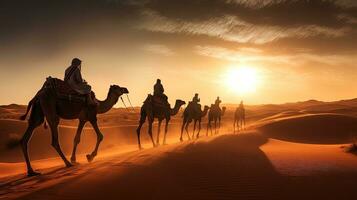 camel tours in Sahara desert guided by a berber with camel shadows. silhouette concept photo