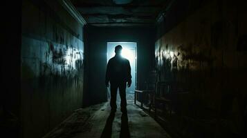 Eerie shadow in deserted building Horror involving deranged figure or dim hallway with cabinets and lights featuring spooky person in various poses. silhouette concept photo