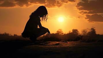 A solitary young girl playing without company nearby. silhouette concept photo