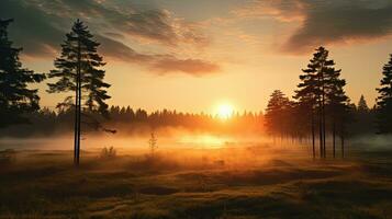 Sunrise above misty field with tree outlines. silhouette concept photo