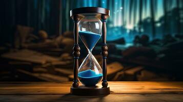 Blue sand in an hourglass on wooden surface. silhouette concept photo