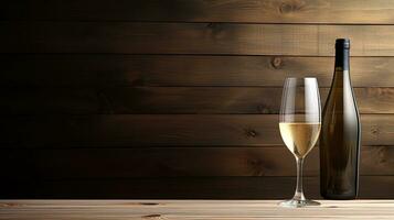 Holiday backgrounds with closed champagne bottle and empty wine glass on wooden surface. silhouette concept photo