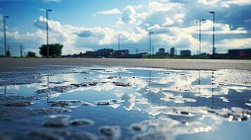 Reflection of blue sky and white clouds on water puddle surface on grey city road after rain. silhouette concept photo