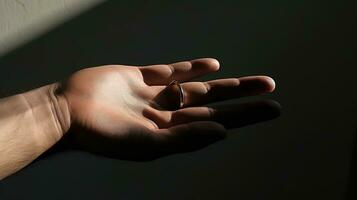 Creative concept of close up wedding rings held by a man with shadow and copy space. silhouette concept photo