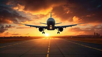 Airplane arrives flying low with scenic sunset backdrop. silhouette concept photo