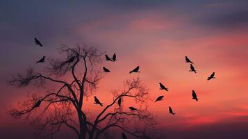 Birds in silhouette perched on trees in a dusky sky photo