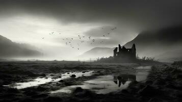 Misty morning scene with ruined house and mountains in the background captured in black and white. silhouette concept photo