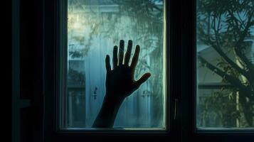 Hand silhouette behind window or glass door representing fear or terror photo