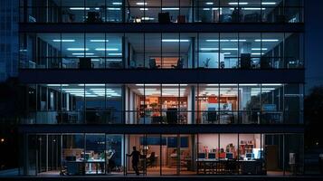 Late night overtime in a contemporary office building with workers and lights. silhouette concept photo