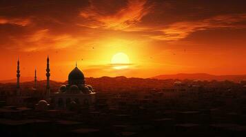 en irbido Jordán un hermosa puesta de sol conjuntos detrás el mezquita. silueta concepto foto