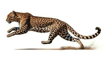 Spotted leopard leaping from a side view isolated on white. silhouette concept photo