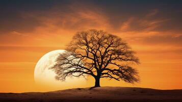 Silhouetted oak tree at sunset with full moon against golden sky in winter photo