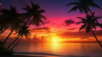 silhouettes of palm trees on a tropical beach at sunset photo