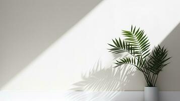Simple white wall with blurred foliage shadow on light background Perfect backdrop for a presentation on a sleek floor. silhouette concept photo