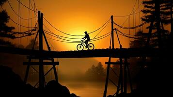 bicicleta sombra en suspensión puente. silueta concepto foto