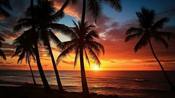 Palm trees silhouetted against a sunset on a tropical beach photo