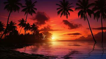 palma arboles silueta en contra un puesta de sol en un tropical playa foto