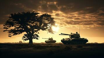 Field with tree tank silhouettes photo
