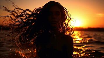 Girl s silhouette at sunset with abstractly wet hair photo