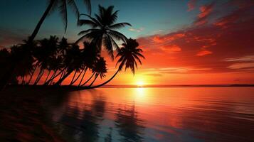 Palm trees silhouetted against a sunset on a tropical beach photo