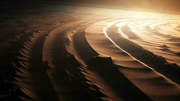 Abstract picture of tire track in sand representing transportation or difficult weather traffic conditions. silhouette concept photo