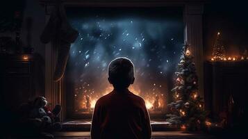 Surprised child finds Santa by the fireplace on a moonlit Christmas night. silhouette concept photo