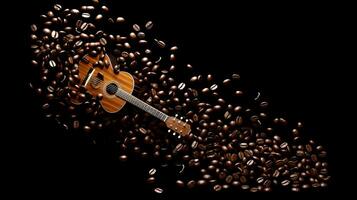 Coffee beans shaped into music notes and guitar outline isolated on a white background. silhouette concept photo