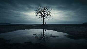 el desnudo escalofriante árbol soportes solo en misterioso silencio. silueta concepto foto