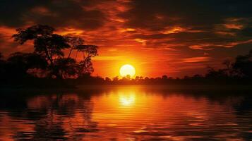 Vivid sunset picture Scenic river view. silhouette concept photo