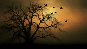 Crows perched on solitary silhouette of a tree photo