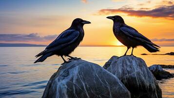 Two ravens standing on a stone with the sea as a backdrop. silhouette concept photo