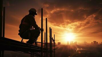 A construction worker focused on safety and heavy industry projects on site. silhouette concept photo