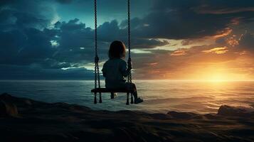 Lonely child playing on a swing by the ocean. silhouette concept photo