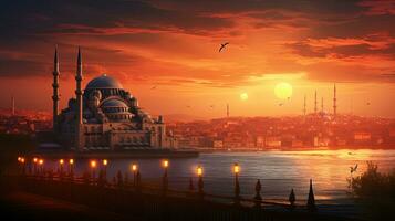 View of Suleymaniye Mosque at sunset in Istanbul Turkey from salacak. silhouette concept photo