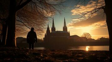 el tarde tarde Dom brilla en un catedral en Ratisbona silueta concepto foto