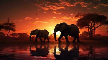 Silhouetted elephant family at sunset photo