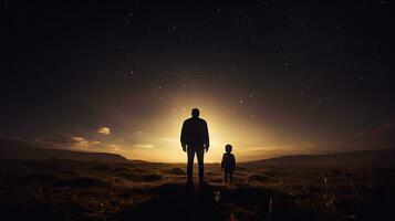 Father and son in a mysterious field illuminated by a light. silhouette concept photo