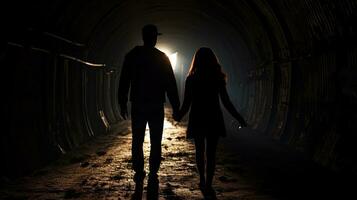 Silhouetted couple walking through railway tunnel towards bright light at the other end holding hands From behind photo