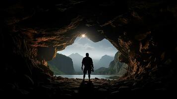 cueva explorador s sombra. silueta concepto foto